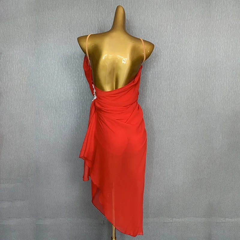 2023 nuevo vestido de baile latino ropa de competición roja para mujeres traje de baile de Salsa Rumba vestido de Tango transparente Sexy DNV17298