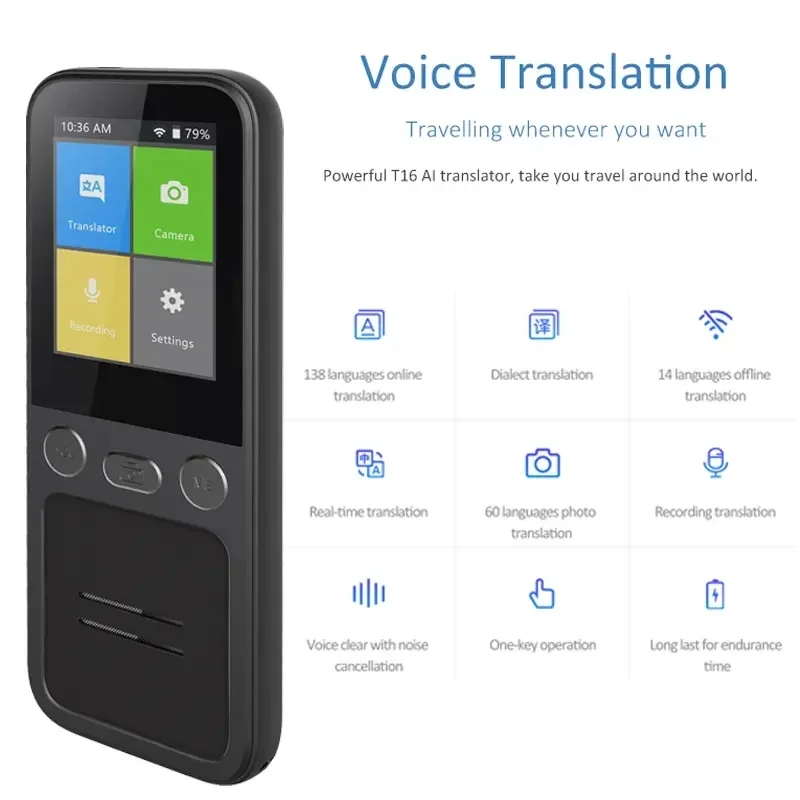 T16 AI Voice Real Time Translator Machine 138 Multi Online Languages Voice-Record 3.1 Inch Big Screen Offline Tradutor with 8GB