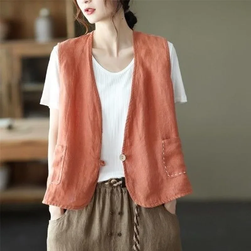 Women Spring Autumn Vest Pure Cotton Sleeveless Jacket Linen Cardigan Fashion Korean Retro Short Designer Grace Jacket Plus Size