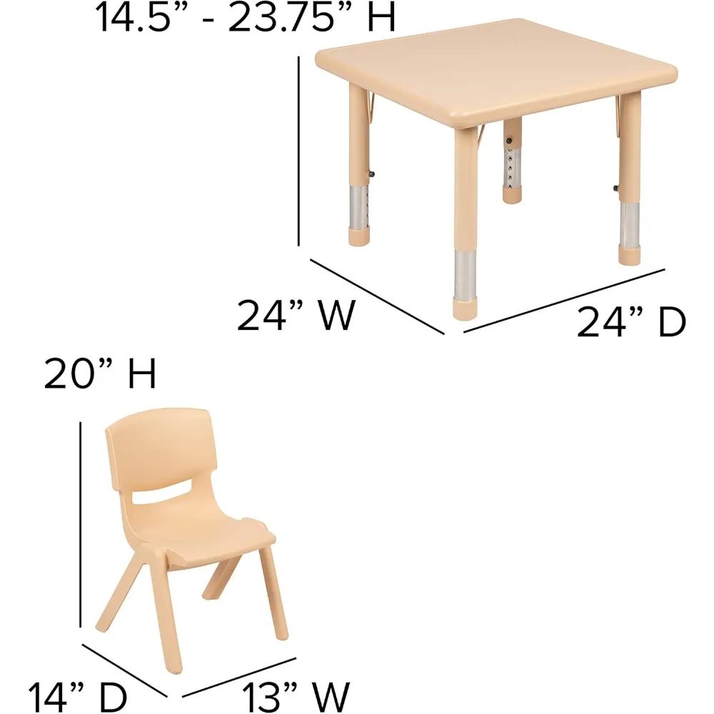 24" Kwadratowy plastikowy stół do ćwiczeń z regulacją wysokości 4 krzesła Krzesło do klasy: 10,5", konturowany, jednoczęściowy, polipropylen