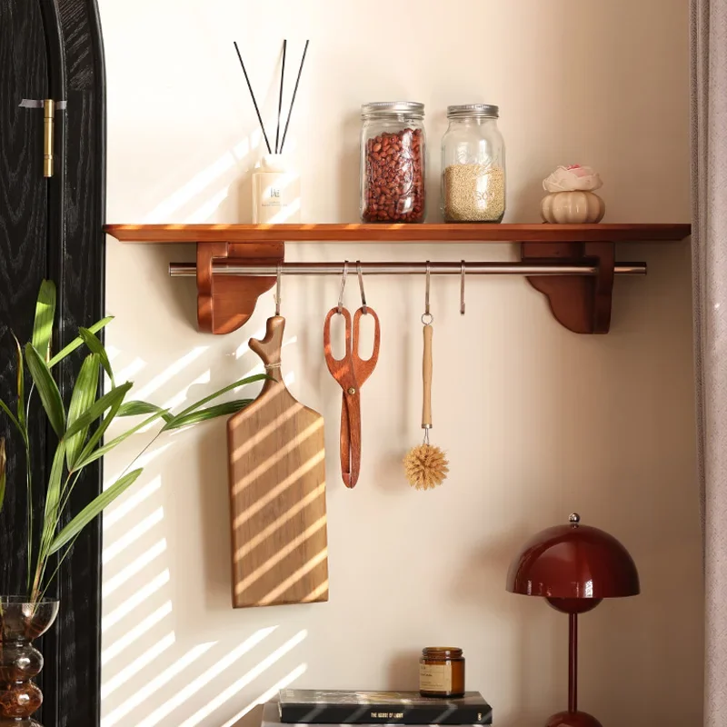 Cherry solid wood rack French retro restaurant kitchen baffle cup wall shelf wall hanging storage
