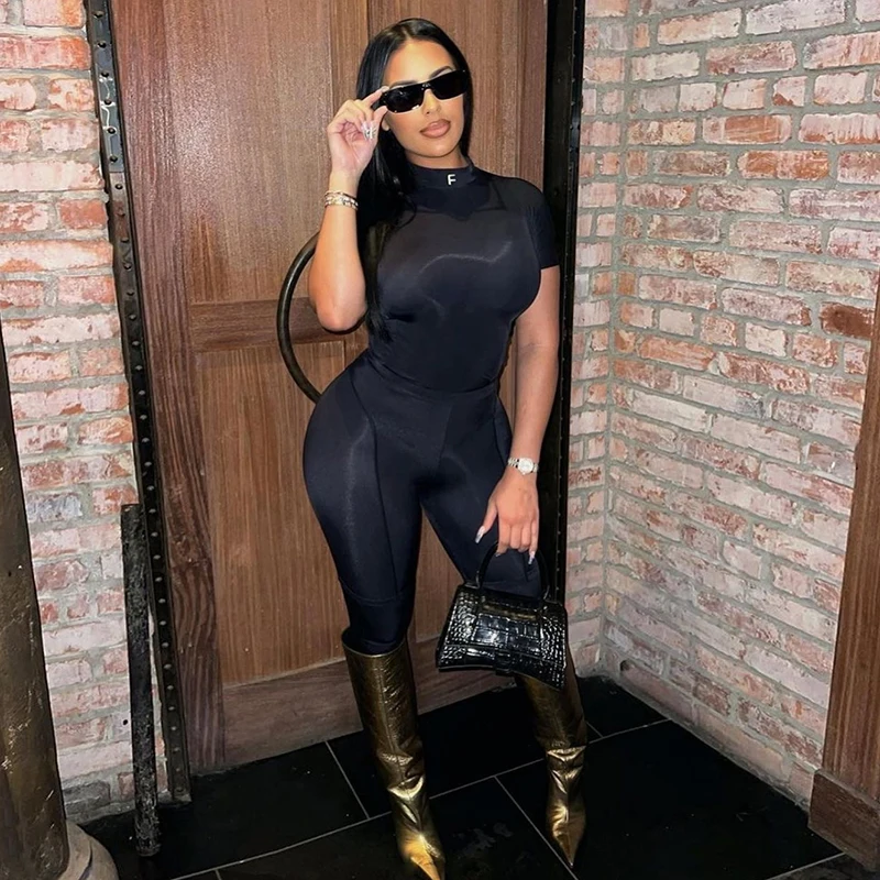 Two Piece Set Casual Simple Women Skinny Short Sleeve Letter Print Top+Sporty Solid Pencil Pants Female Activewear Suits