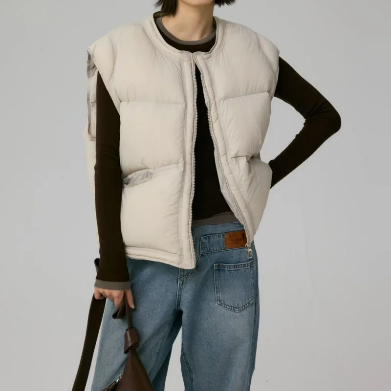 Hochwertige Winter-Weste für Damen mit Rundhalsausschnitt, verdickt, warm, Gänsedaunenweste, modische High-Street-ärmellose Leibchen-Puffy-Weste