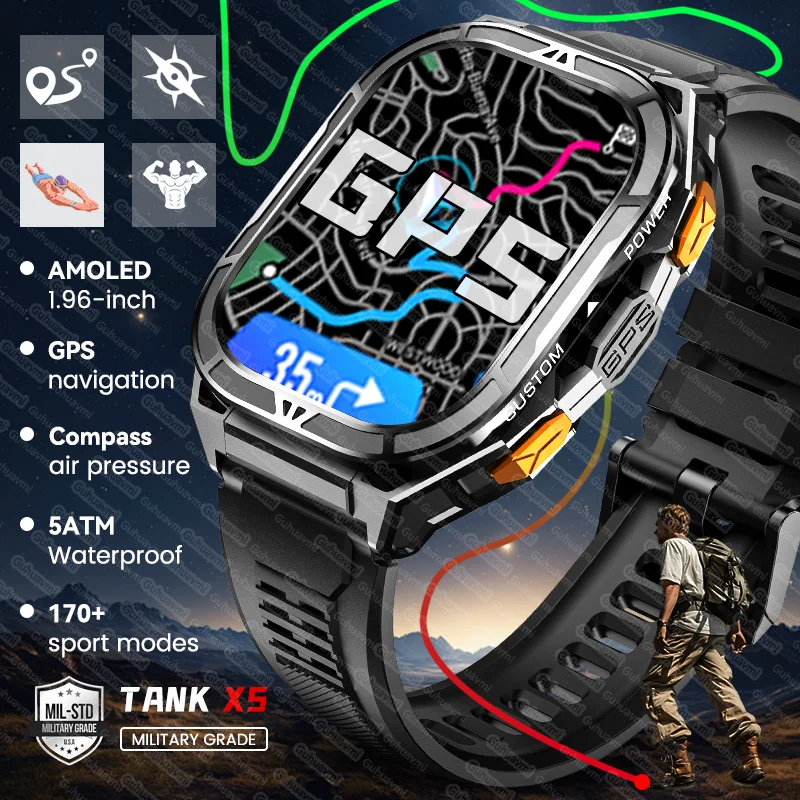 

New Military Outdoor TANK X5 GPS Smart Watch Men Compass 5ATM Waterproof Swim 170+Sports Mode Bluetooth Call AMOLED Smartwatches