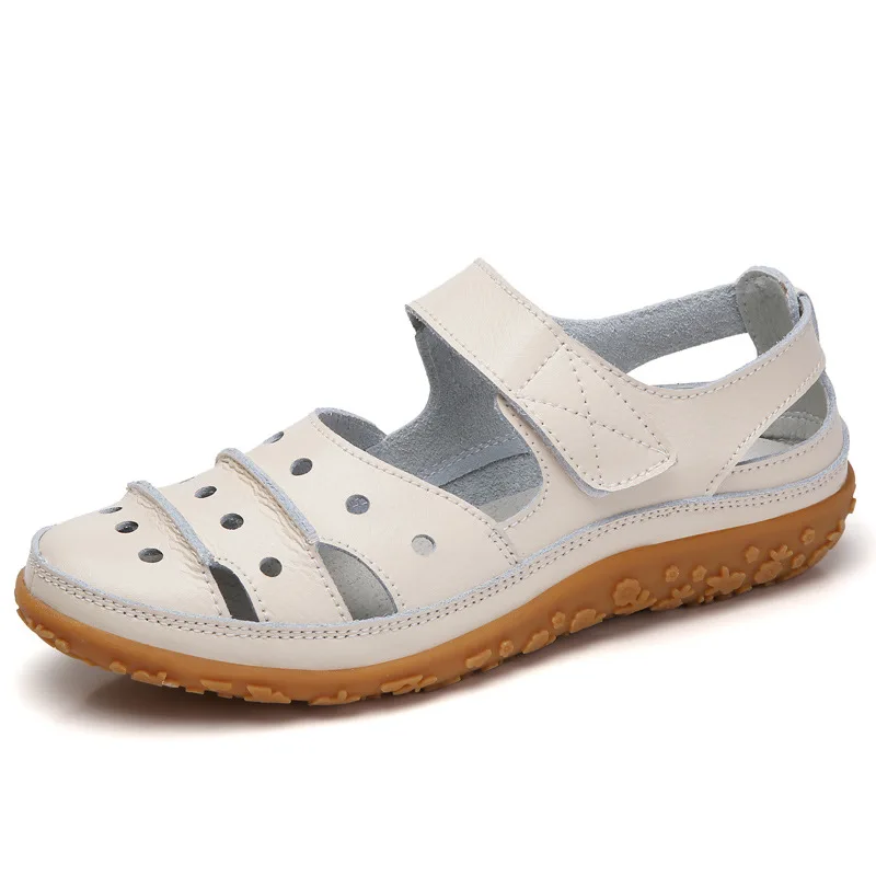 Madre donna donna donna vera pelle scarpe bianche sandali Hook Loop Summer Cool Beach Hollow Soft