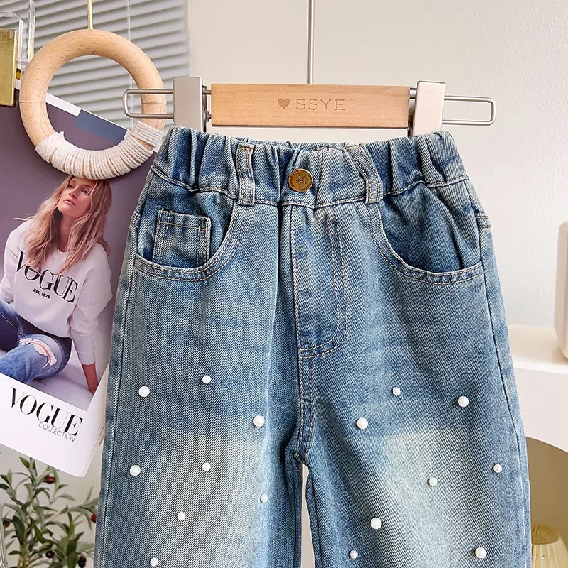 

2025 Pearl Spring Autumn Baby's Teenagers Sport High Quality Children's Clothing Girls Jeans Long Trousers Kids Pants Cotton