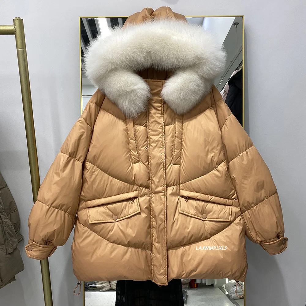 

Jacket 2023 Winter Puffer Big Real Fox Fur Female Casual Thick Warm Parkas 90% White Duck Down Coat Hooded Snow Outwear