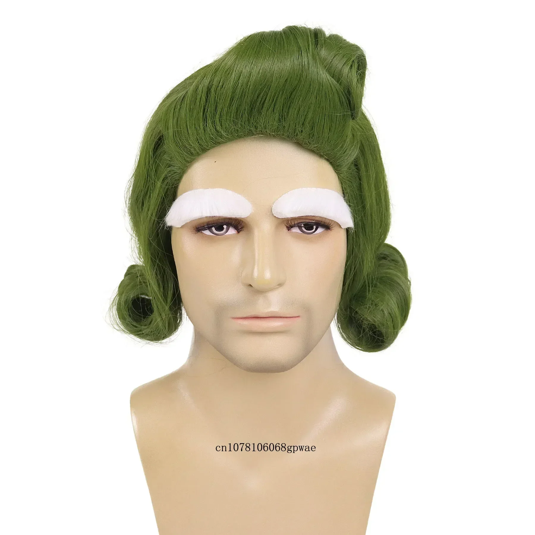 Cosplay Outfit Wigs Synthetic Hair Short Curly Green Wig with White Eyebrows for Men Chocolate Factory Costume Halloween Party