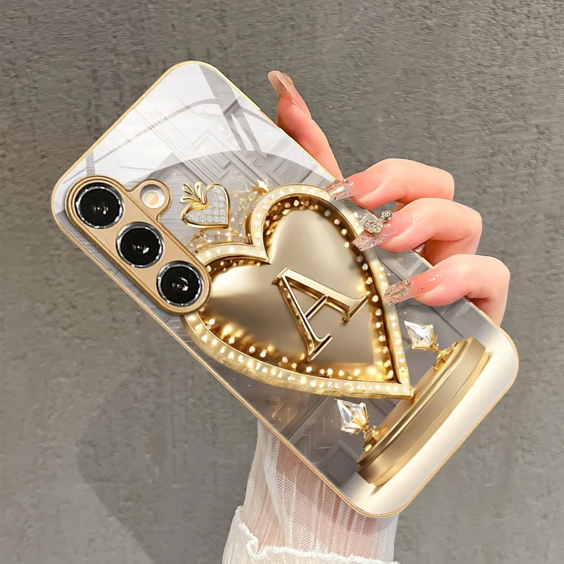 Fashion high-end heart-shaped letter "A" pattern glass phone case for Samsung Galaxy S26 S25 S24 S23 S22FE/Ultra/Plus drop Cover view 5