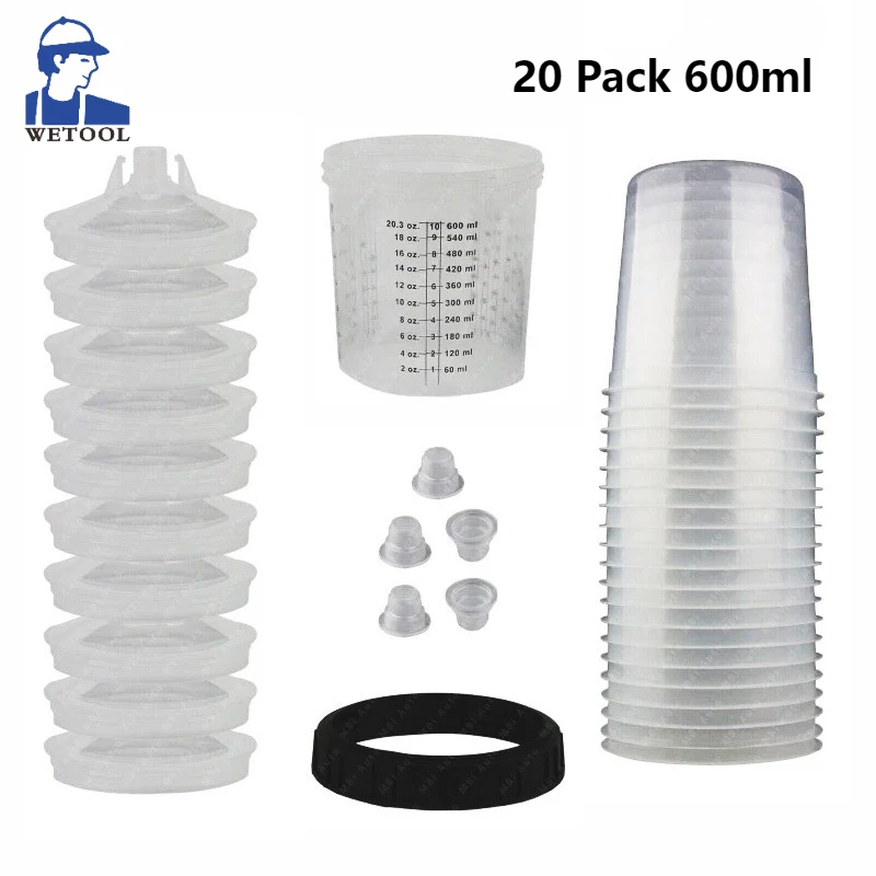 

600ml 20 Pack Disposable Paint Spray Gun Cup Kit w/ Cup Liners &Sealing Plugs