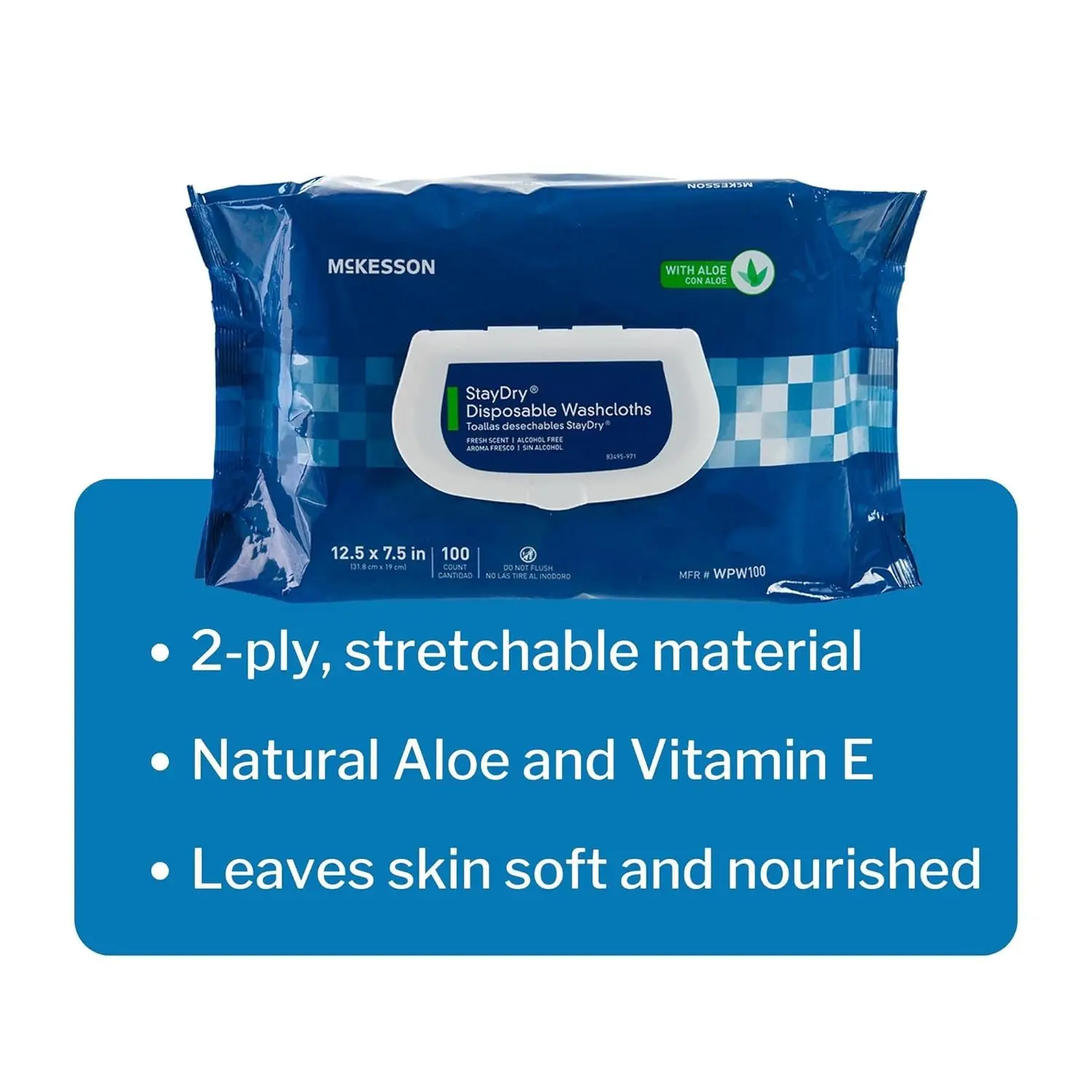 McKesson StayDry ผ้าเช็ดทําความสะอาดหรือ Washcloths แบบใช้แล้วทิ้งสําหรับผู้ใหญ่ที่มีว่านหางจระเข้ ไม่หยุดยั้ง ปราศจากแอลกอฮอล์ ไม่สามารถฟลัชฟลัช ฟรุ้งอย่างน่าพอใจ