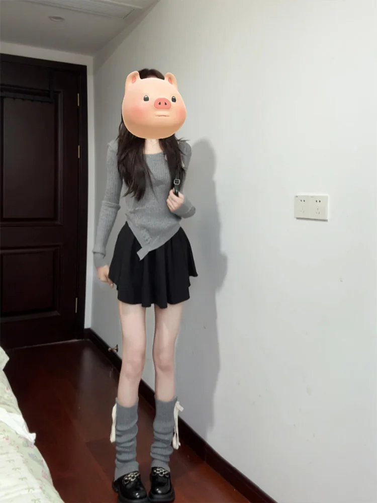 

Korean Sle oulder Bared Knitted Slim Fit Women's Base irt Autumn Winter Inner Wear Irregular High End Feeling Sweater Top