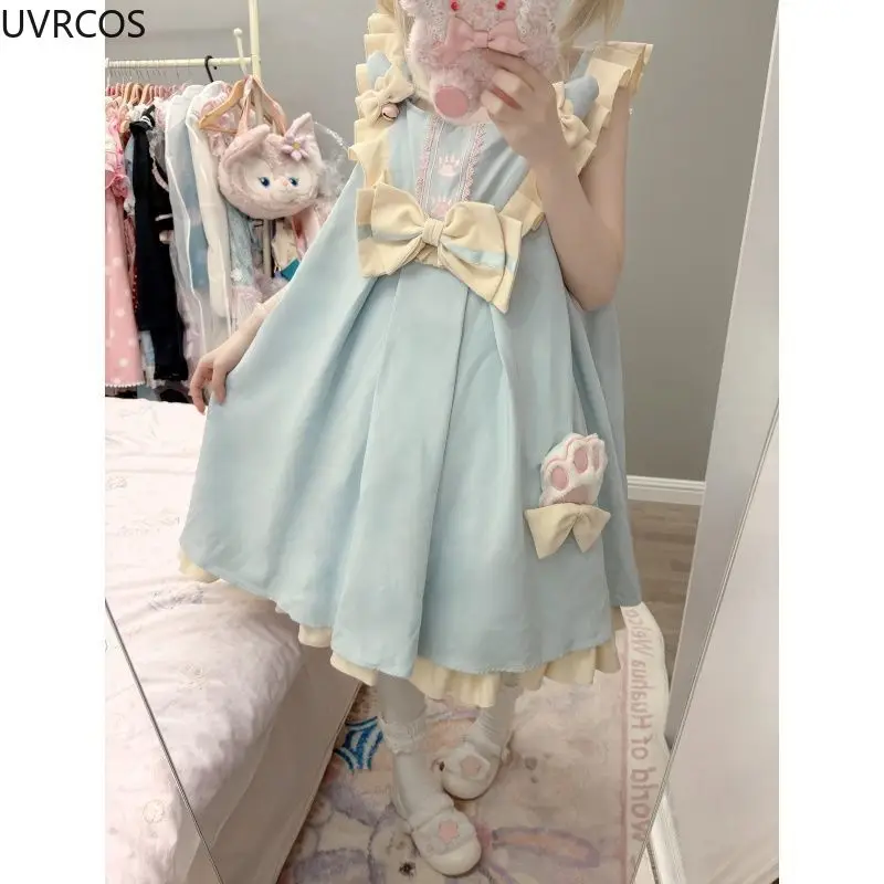 Vestido de princesa japonés Kawaii para mujer, minivestido informal holgado con volantes y lazo, estilo Harajuku Y2k, para fiesta de noche