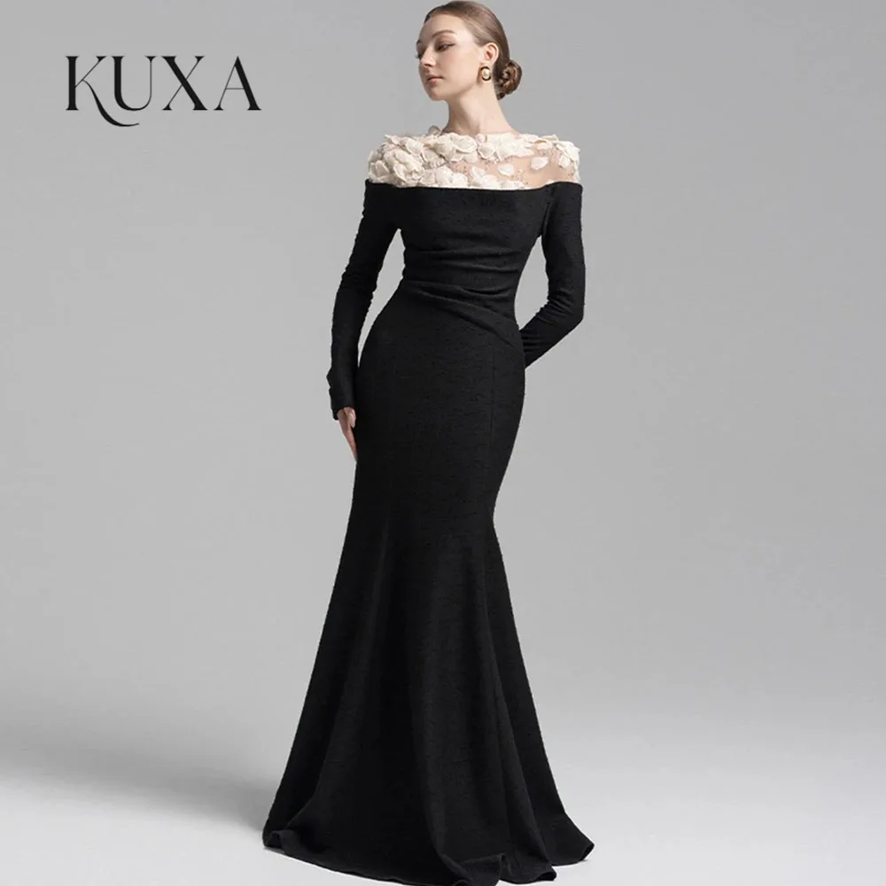 KUXA Customized Elegant Dress Sequins Flower Gauze Patchwork Long Sleeve Slim Women's Evening Party Dresses robes de soirée 2026