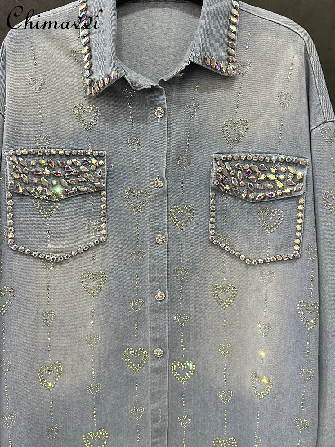 2025 Autumn Clothes New Heavy Heart Rhinestone Long Sleeve Denim Shirt Jacket Women Fashion Loose Casual Mid-Length Top