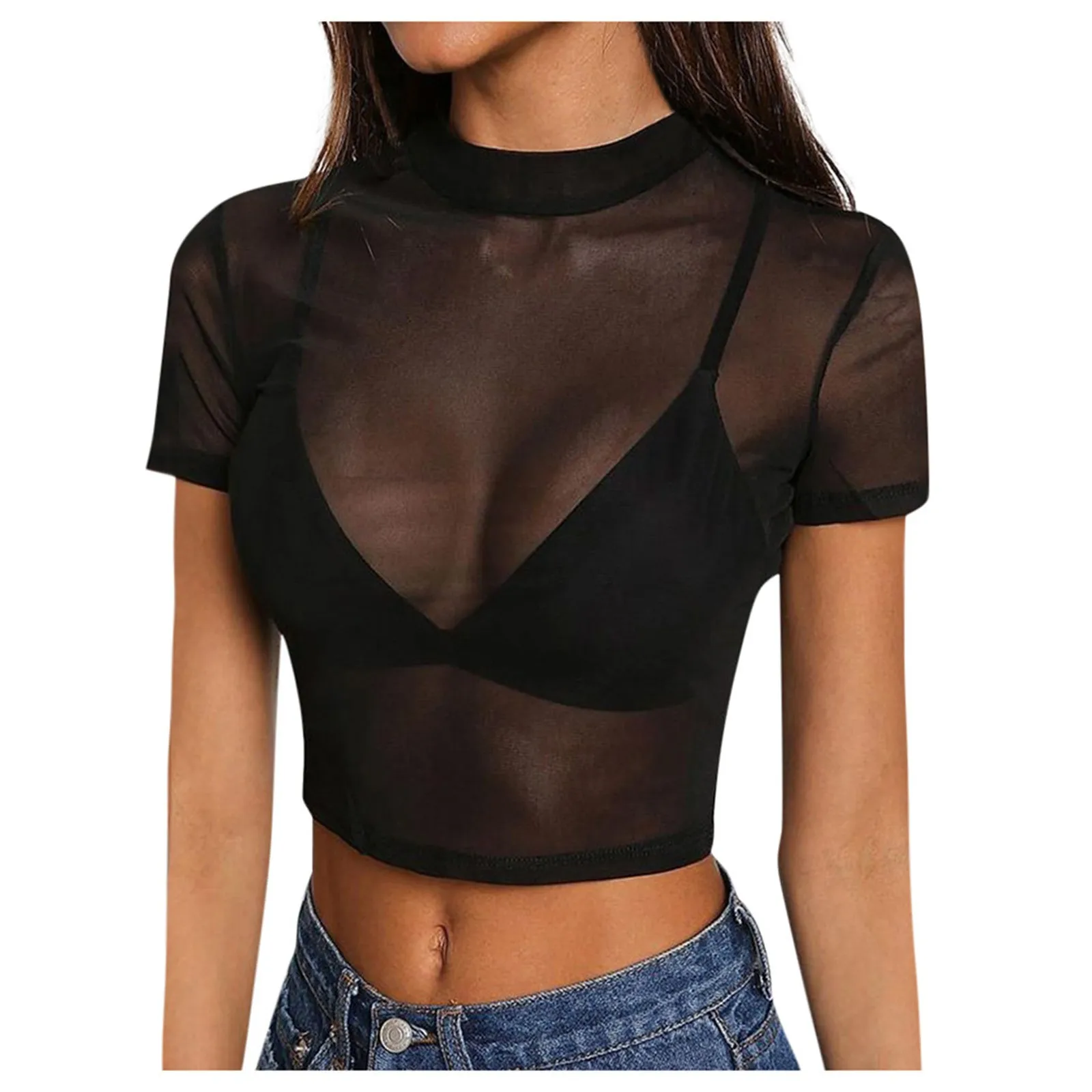 New Women'S See-Through Blouses Transparent Mesh Bodycon Shirts Short Sheer Black Pullovers Sexy Clubwear Tops Рубашки и блузки