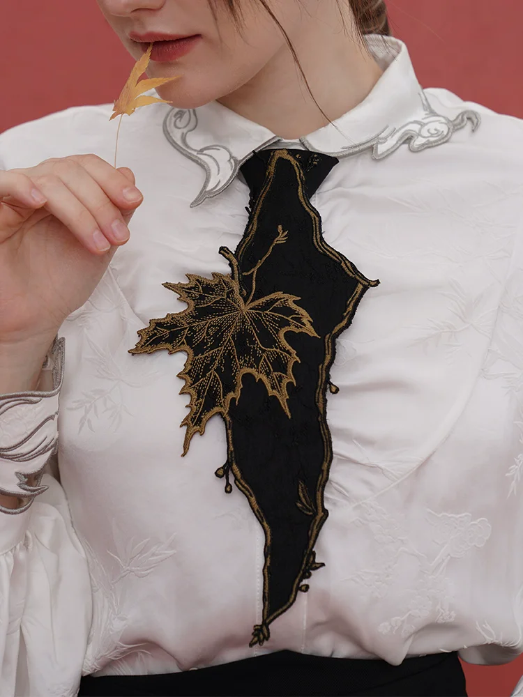 

Original Design Women Vintage Chinese Style Vintage Inspired Maple Leaf Embroidered Black Neck Tie
