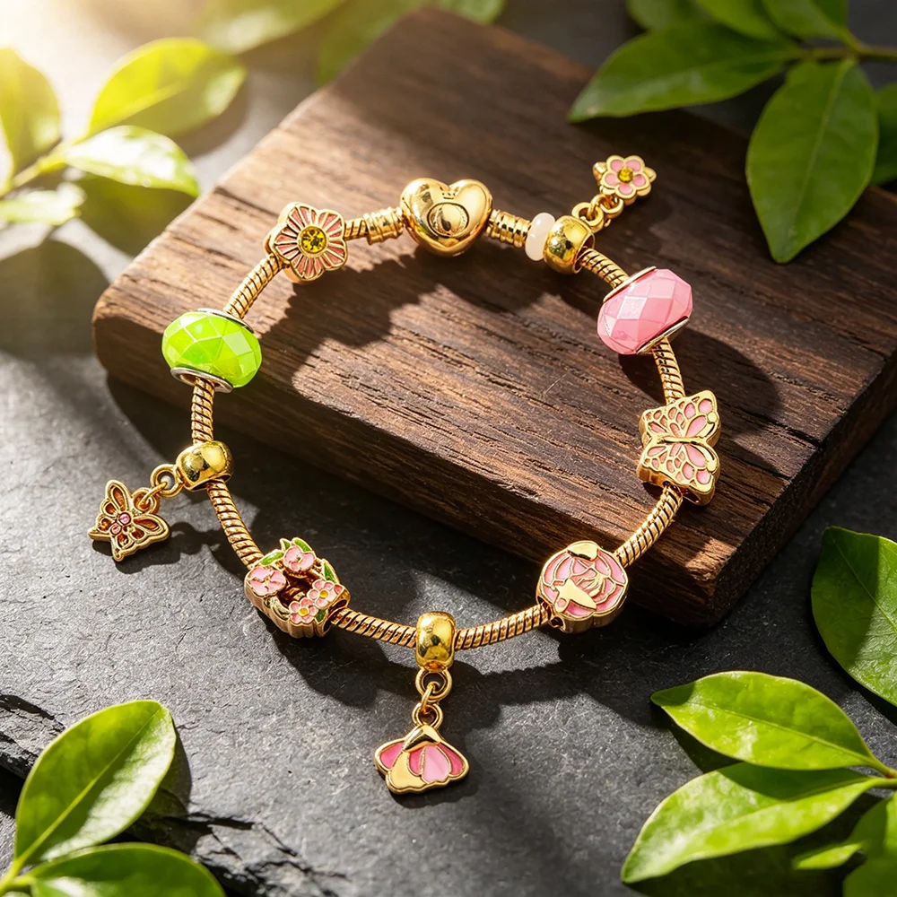 Goldfarbenes Luxus-Kristall-Schmetterlings-Charm-Armband mit Glasperlen für Frauen und Mädchen, Paar-Modeschmuck, DIY-Geschenk