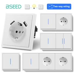 BSEED Large Button Switch With LED Indicator 2Way Wall Light Switches USB Phone Charge Port Wall Power EU Socket White E-Series