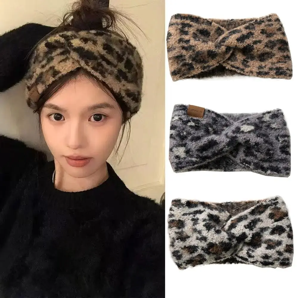 

Wide Edge Leopard Print Headband Soft High Elasticity Cross Headband Adjustable Chunky Knit Turban Headwrap Fashion Accessories