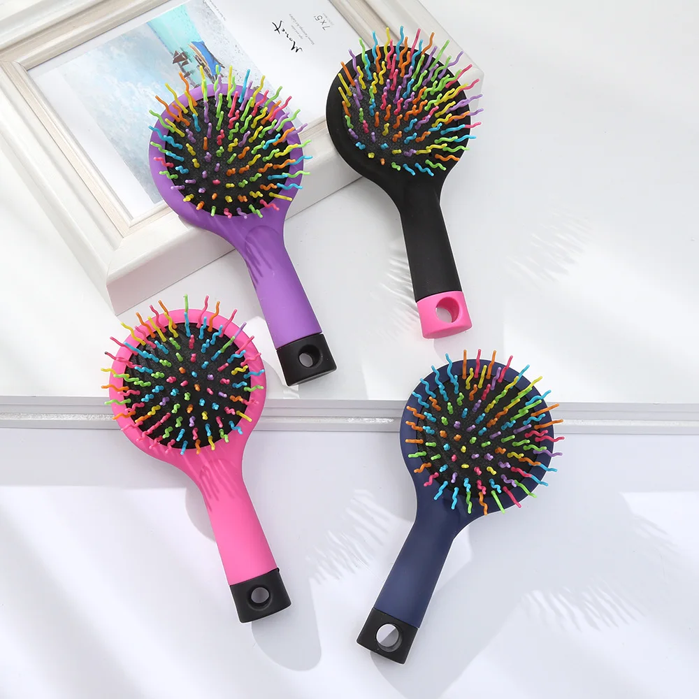 Regenbogen-Luftvolumen-Paddel-Haarbürste mit Schminkspiegel, Entwirrungs-, Locken- und Glättungsbürste, Massage-Kamm, Haarstyling-Werkzeug