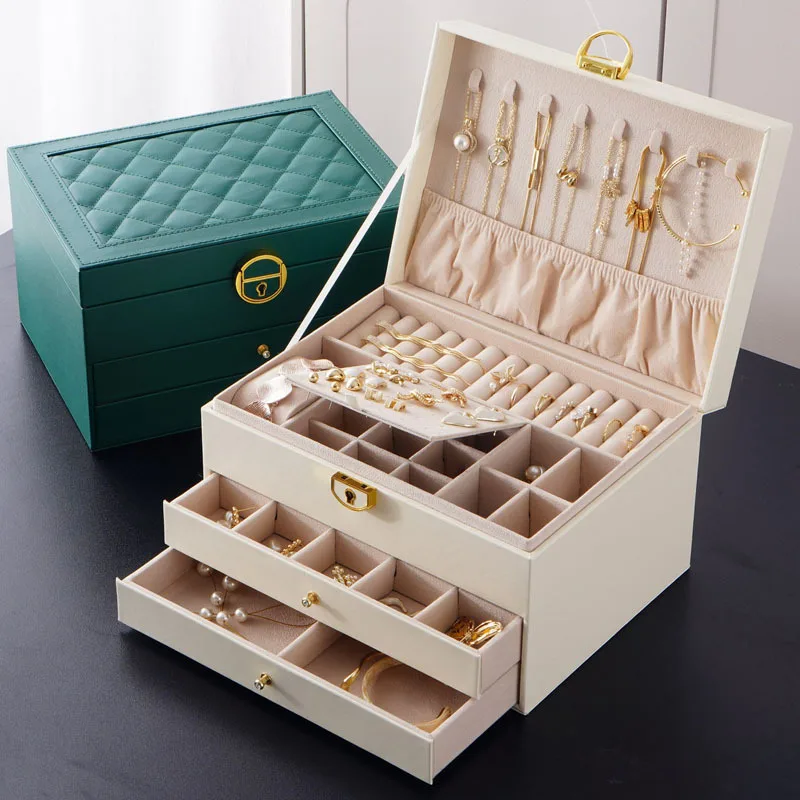 3 Layer Jewelry Organizer Box for Women,Argyle Leather Jewelry Box Organizer with Lock,Jewelry Storage Box As Gift for Birthday