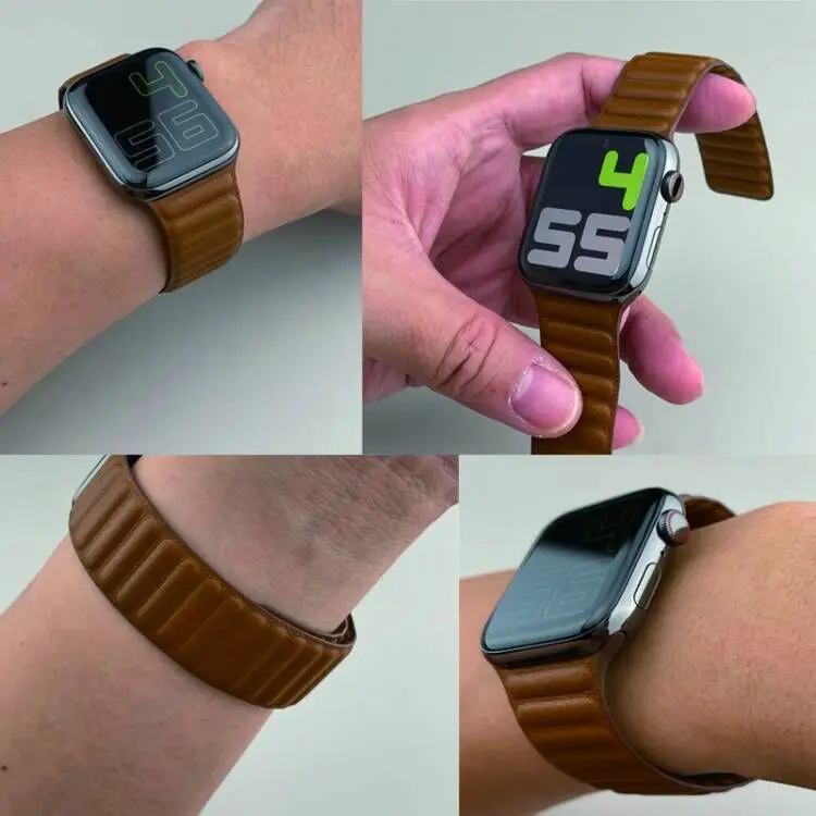 Ремешок кожаный для Apple Watch Band 45 мм 41 мм 44 мм 40 мм, оригинальный звеньевой браслет с магнитной петлей для iWatch Ultar2 49 мм 9 8 7 6 SE 3 42 мм