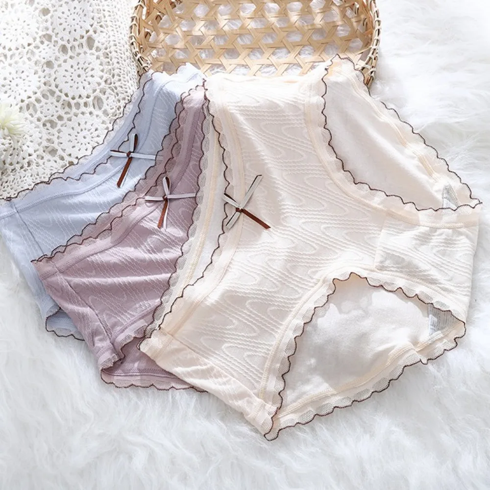 弾性ちょう結びレースプリントブリーフミッドウエスト綿股弓パンティー通気性下着女性下着毎日