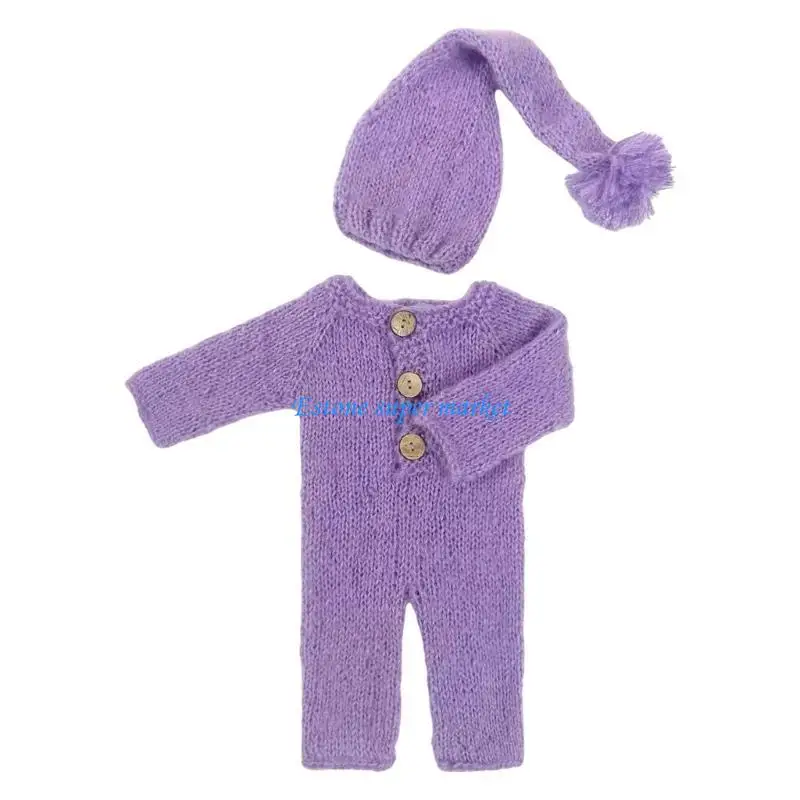 090B Mameluco con sombrero largo Accesorios fotografía Ropa para niños pequeños 0 a 1 mes