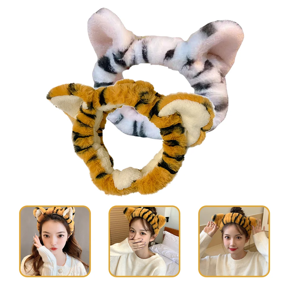 

2 Pcs Tiger Plush Headband Bandanas Hairband Ladies Skincare Face Makeup For Washing Bohemia Women's