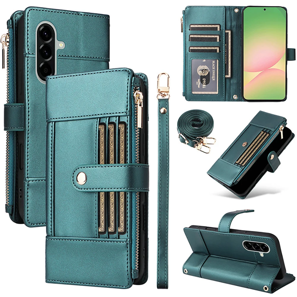 

A56 A 36 26 16 15 17 A55 5G RFID кожаный чехол на молнии с 6 картами для Samsung Galaxy A17 A56 A36 A26 A16 A55 A35 A15 Cover