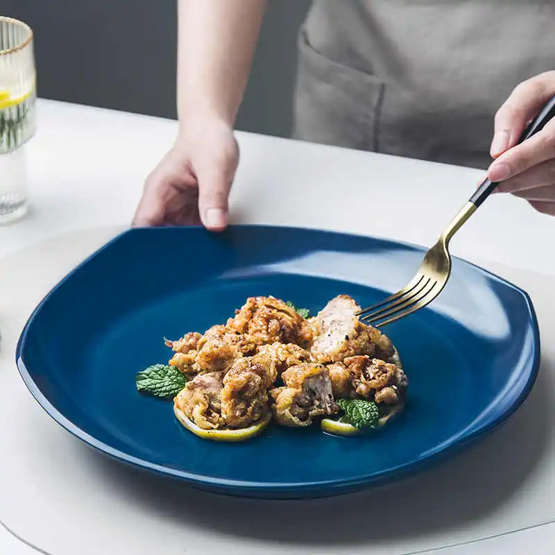 Blue Irregular Ceramic Steak Plate Simple Solid Colour Western Food Spaghetti Plates Household Fruit Dessert Dish
