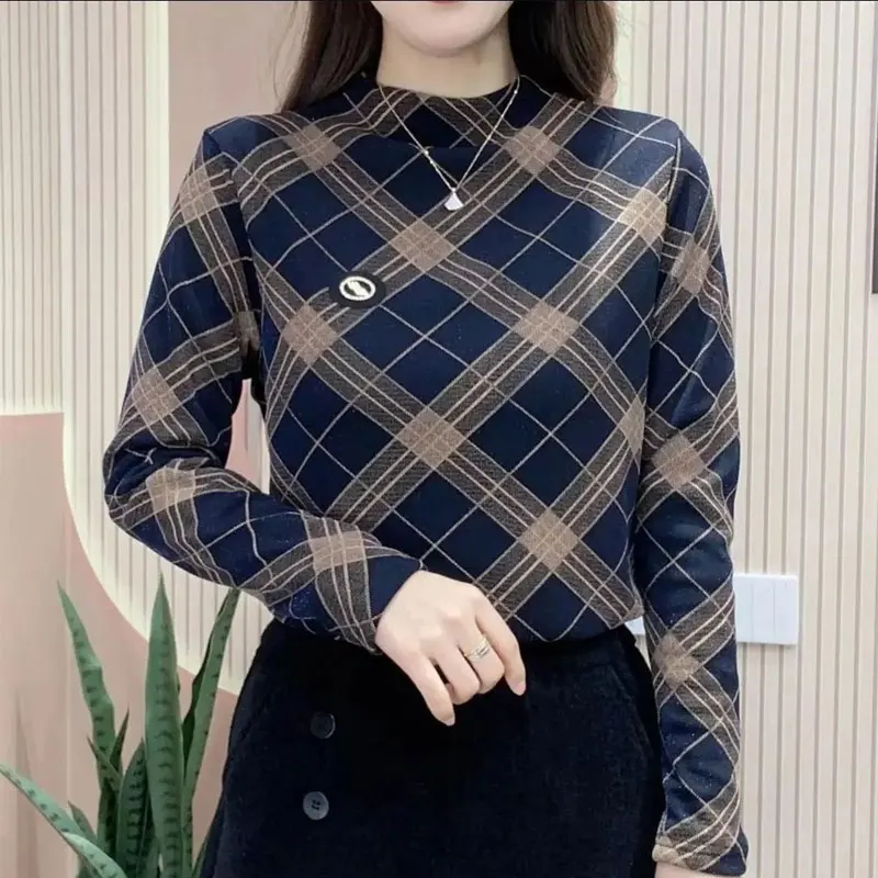 Fashion Vintage Argyle Printed Tops Autumn Winter Slim Chic Contrasting Colors All-match Half High Collar Long Sleeve Pullovers