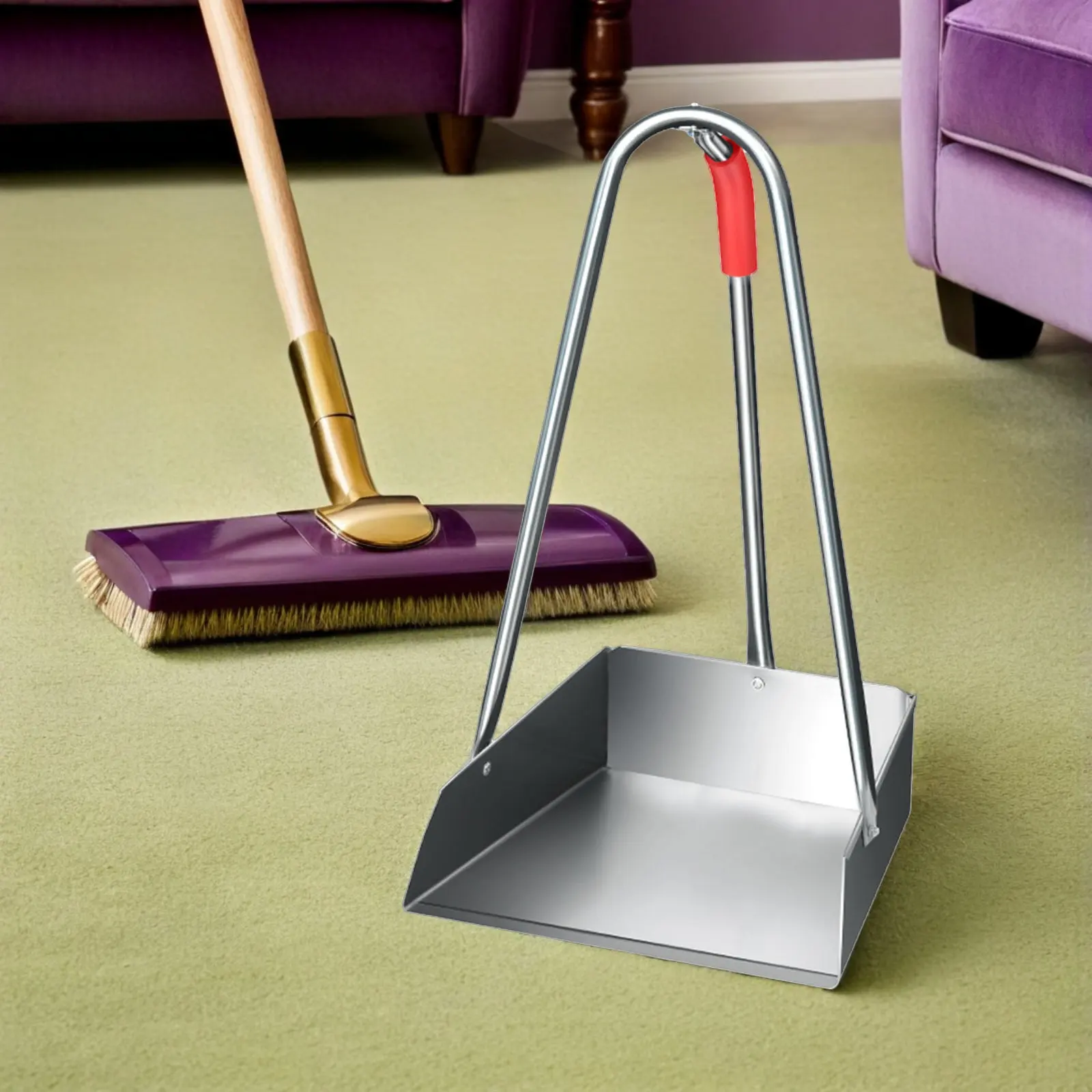 

Heavy Duty Stainless Steel Dust Pan with Extended Handle Metal Upright Dustpan for Home Restaurant Outdoor Cleaning Stand Up
