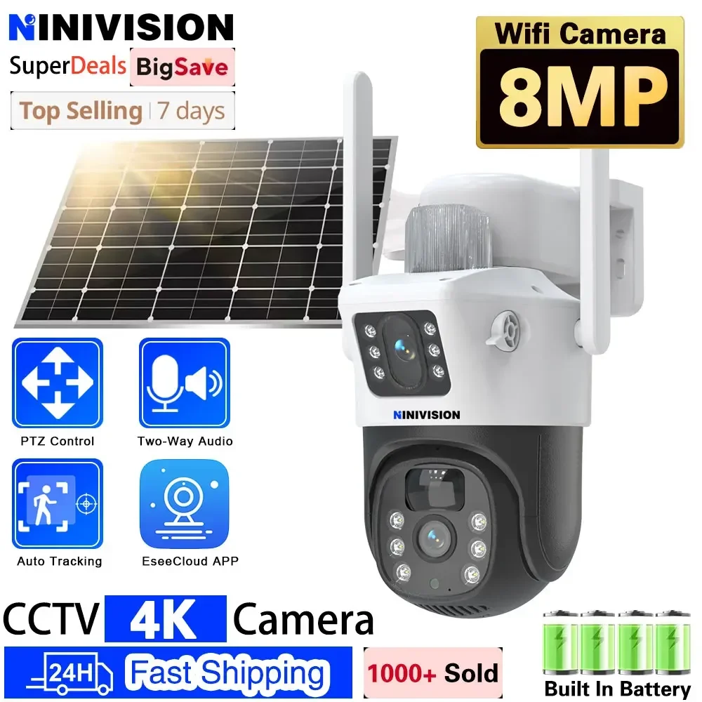 Solar Camera Wireless Outdoor Dual Lens WiFi 8MP 4K IP Camara Solar Panel CCTV Security Built in Battery PIR Cam EseeCloud APP