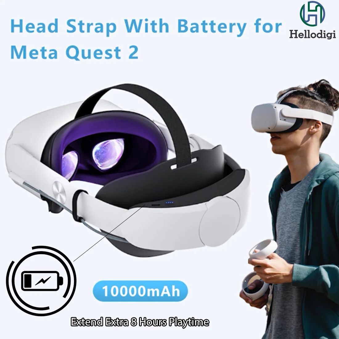 Hellodigi VR Head Strap Compatible Meta Quest 2/Oculus Quest 2  360° Adjustable VR Glasses Accessories with 10000mAh Battery