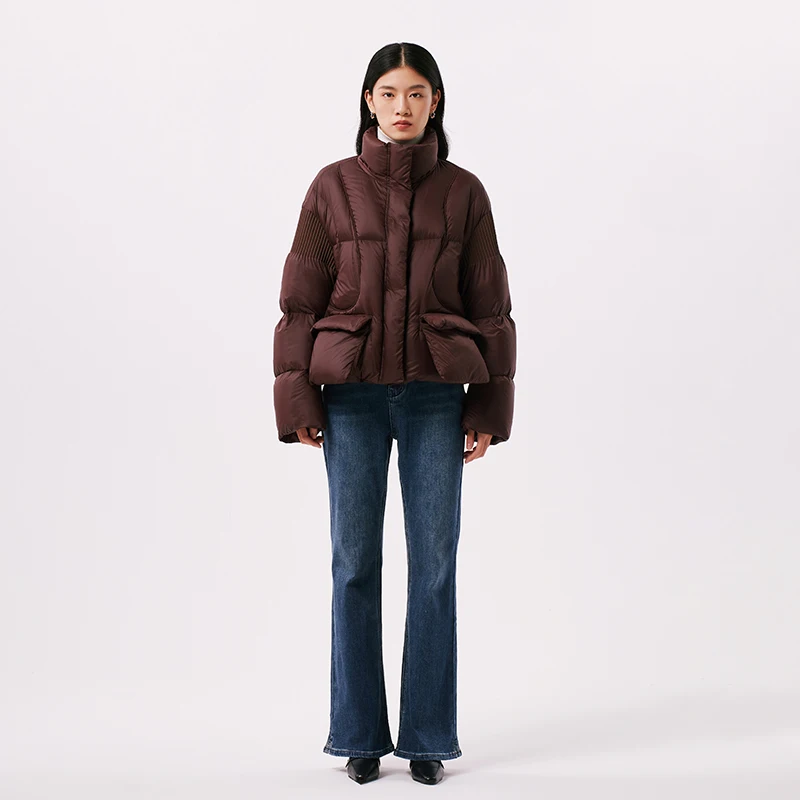 Chericom Women's Short Puffer Jacket Stand Collar Zippered Placket Drawstring Hem Snap-Button Flap Pockets Windproof Y299111Y