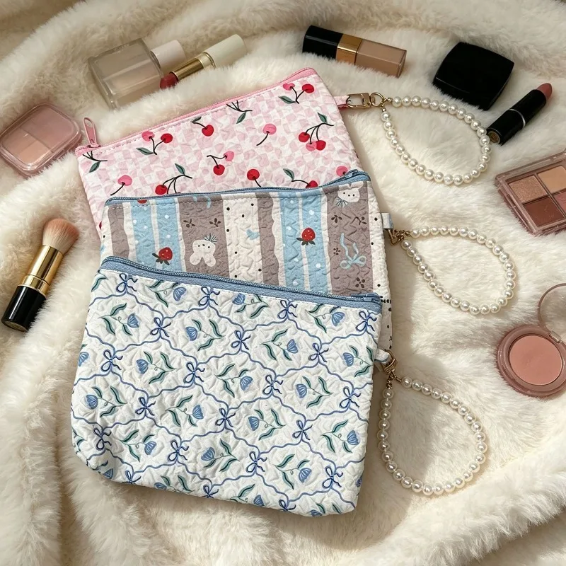 Ins Bubble Fabric Print Pearl Chain Cosmetic Bag Girl Heart Banquet Clutch Wristlet Pouch Organizer Storage makeup Bag case