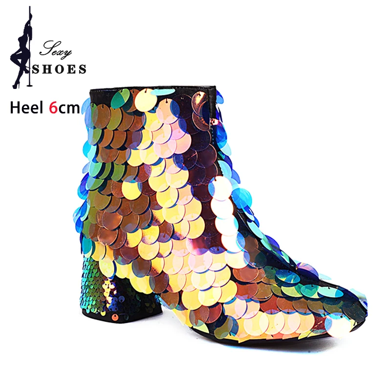 

Nightclub Boots For Women Luxury Designer Stage Show High Heels Fetish Chunk Heel Shoes Lady Sequined Short Boots Large Size 46