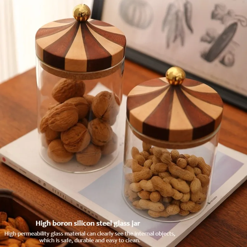 Circus solid wood cover glass sealed storage jar coffee tea candy miscellaneous grains storage jar solid wood color matching.