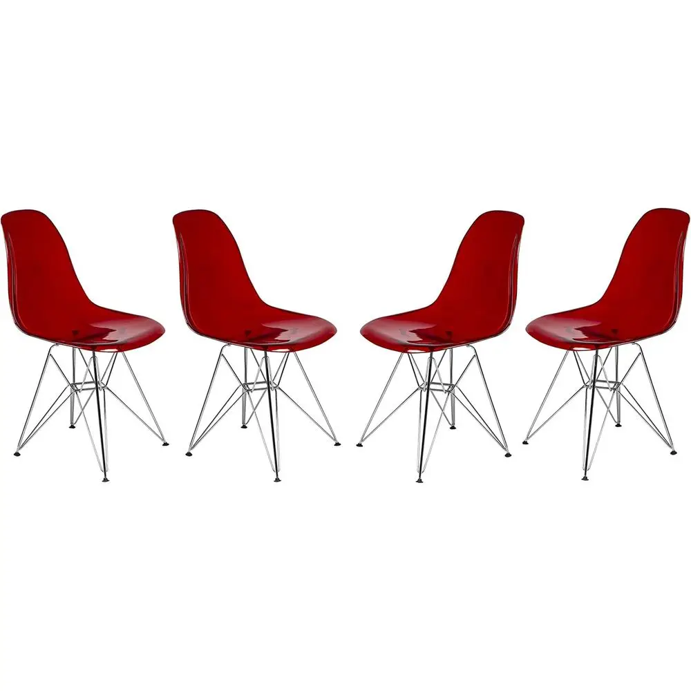 

Acrylic Dining Chair with Chrome Base, Curved Back, Ergonomic Design - Set of 4 in Transparent Red