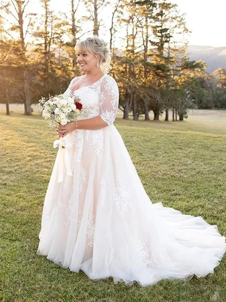 

Wedding Dresses Bridal Gowns Formal A Line Custom Zipper Plus Size New Applique V-Neck Tulle Beaded With Half Sleeve Button