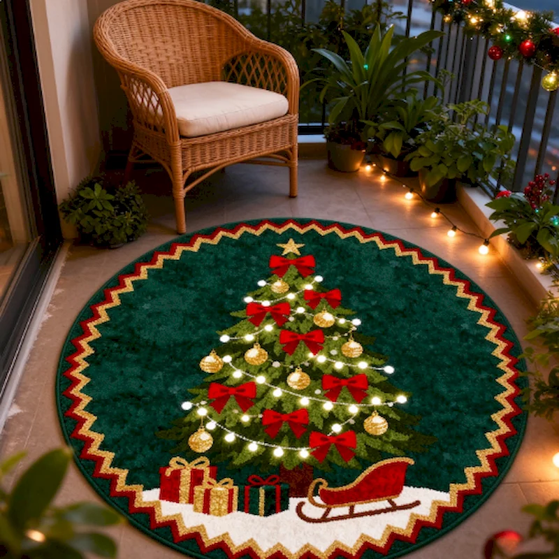 VIKAMA Christmas Round Rug Soft Plush Shaggy Non Slip Washable Green Xmas Tree Lights Sleigh Gifts Decors Home