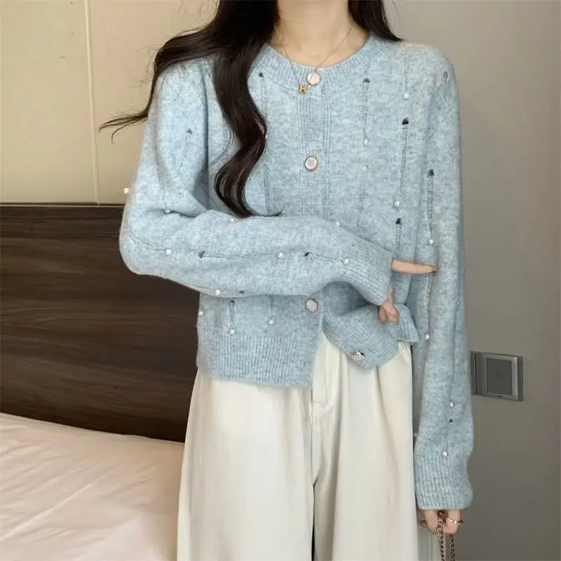 Temperament Small Fragrance Button Heavy Industry Knitwear Nail Bead Sweater Jacket New Loose Knit Cardigan Top Women's Autumn