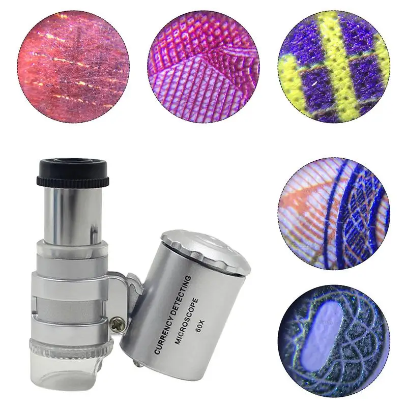 60X Portable Mini Pocket Microscope Handheld Magnifying Glass Loupe UV Light Currency Detector Jeweler Magnifier With LED Light