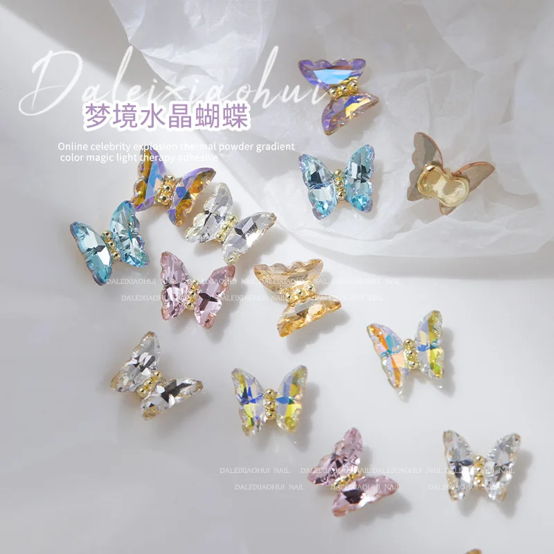 10Pcs Aurora Crystal Butterfly/Bow 3D Nail Art Charms 12*10mm Sparkly With Diamond Butterflies Rhinestones Luxury Manicure Parts