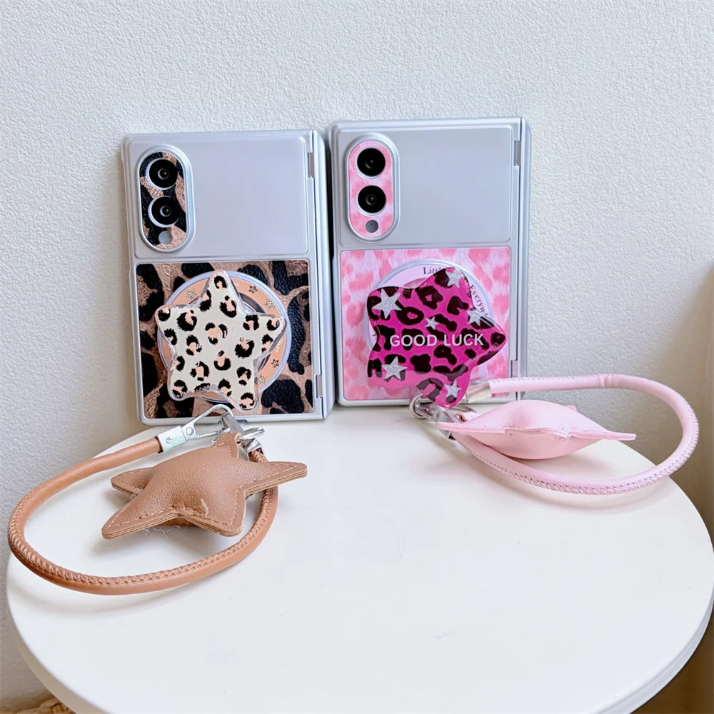 Leopard Print PU Leather Magnetic Phone Case For Samsung Galaxy Z Fold 8 Ultra Coin Style With Star Wrist Strap Card Holder