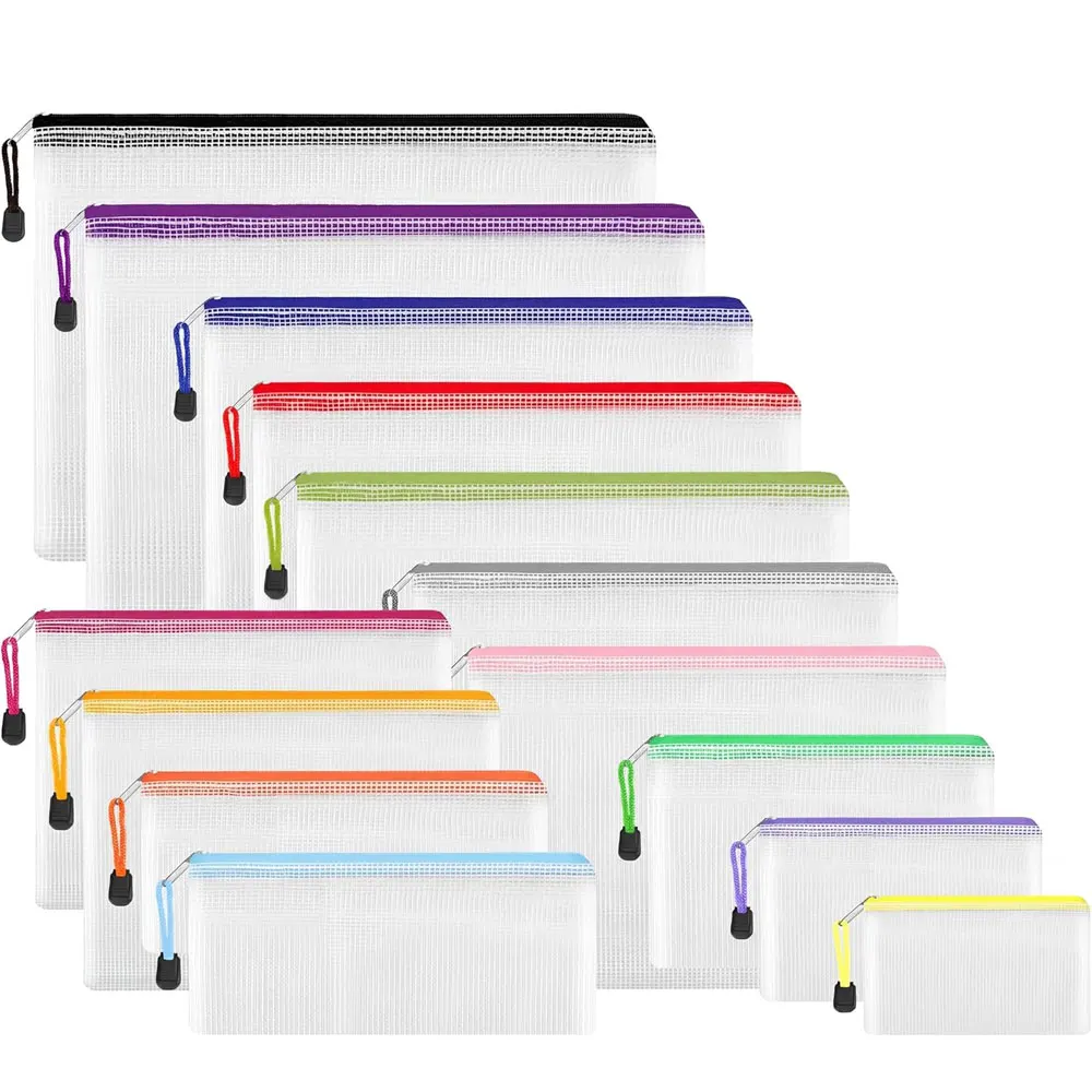 bolsa-de-armazenamento-com-ziper-de-malha-14-pecas-bolsa-de-arquivo-transparente-em-pvc-8-tamanhos-14-cores-a-prova-d'agua-adequada-para-viagens-escola-escritorio
