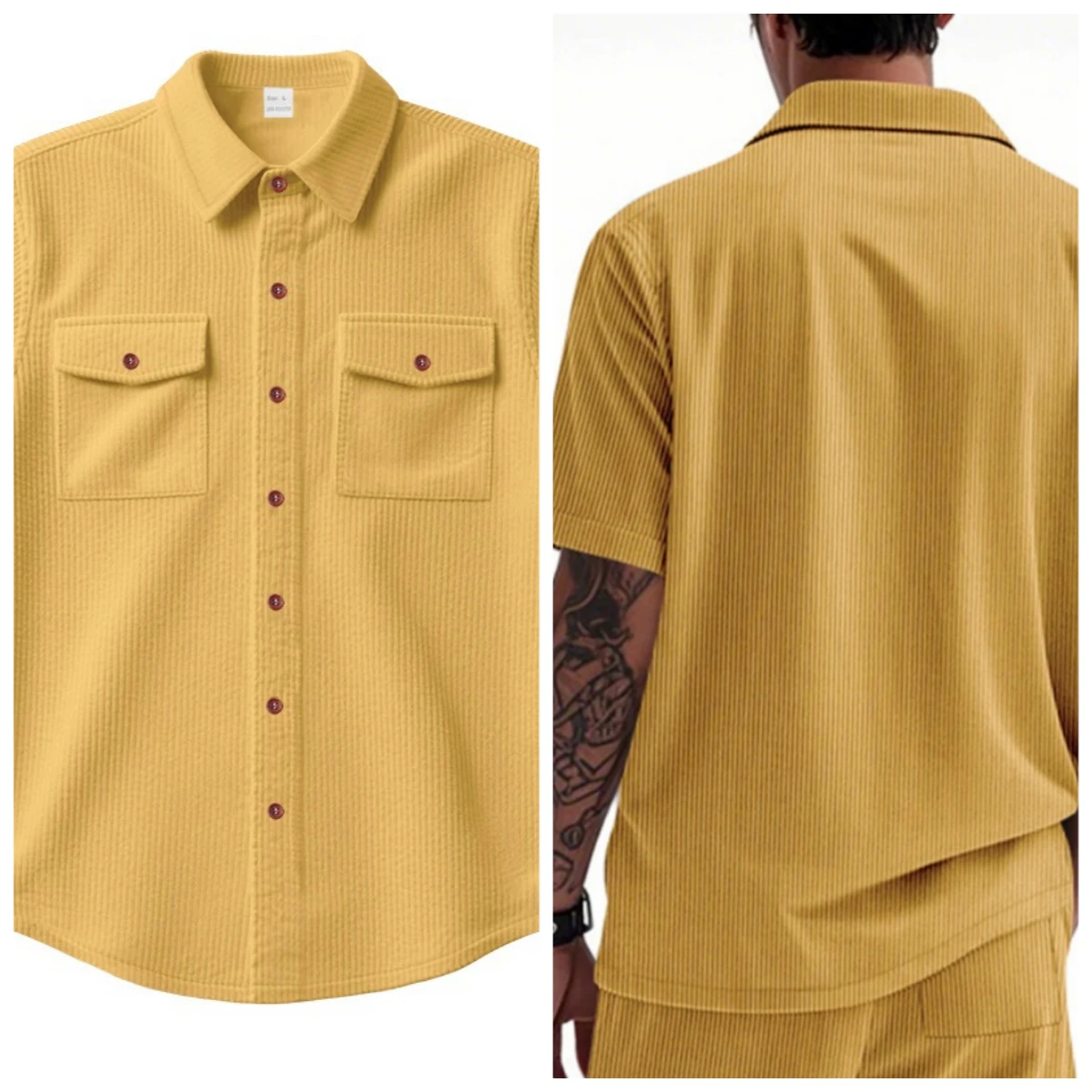 Fashion Ribbed Textured Corduroy Cargo Shirt Men Summer New Casual Solid Color Buttoned Shirts Mens Leisure Short Sleeve Shirts