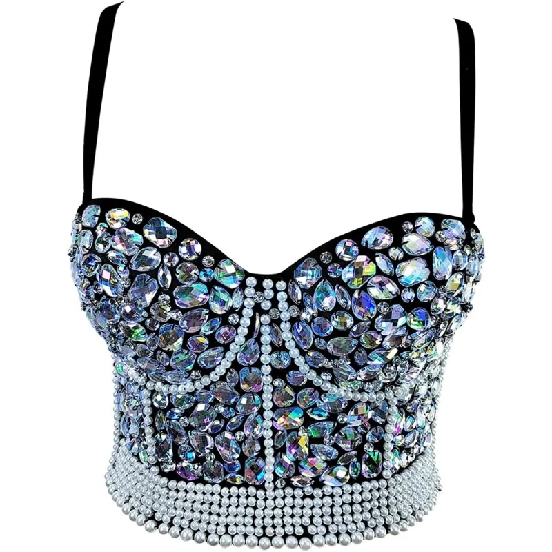 Women's Rhinestone Diamond Bead Bustier Crop Top Glitter Corset Bra Vest Sexy Club Party Stage Performance Shiny Beaded Camisole